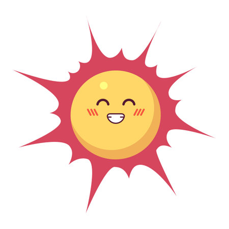 Grinning sun head 2D cartoon character. Happiness toothy smile sunshine isolated vector personage white background. Summer weather. Warmth comfort. Smiling sunny color flat spot illustrationのイラスト素材