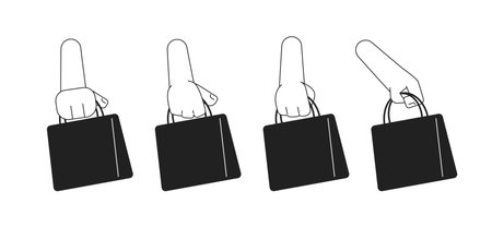 Shopping monochrome flat vector hands set. Holding paper bag with purchases. Editable black and white thin line icon. Simple cartoon clip art spot illustration for web graphic designのイラスト素材