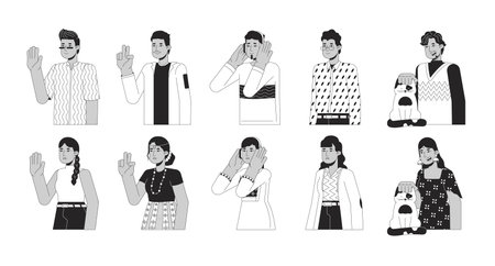 Happy indians south asians black and white 2D line cartoon characters set. Hindu traditional isolated vector outline people. Headphones, kitten stroking monochromatic flat spot illustration bundleのイラスト素材
