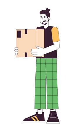 Caucasian adult man holding parcel cardboard box 2D linear cartoon character. European guy carrying package isolated line vector person white background. Home delivery color flat spot illustrationのイラスト素材