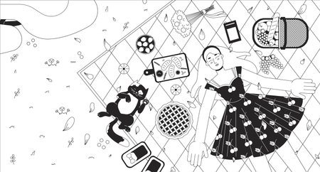 Blanket picnic girl cat black and white lofi wallpaper. Sakura petals falling on young woman 2D outline top view character cartoon flat illustration. Springtime vector line lo fi aesthetic backgroundのイラスト素材