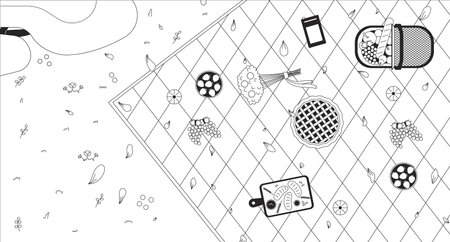 Autumn picnic blanket countryside black and white lofi wallpaper. Harvest fruits desserts 2D outline overhead top view cartoon flat illustration. Flowers petals vector line lo fi aesthetic backgroundのイラスト素材