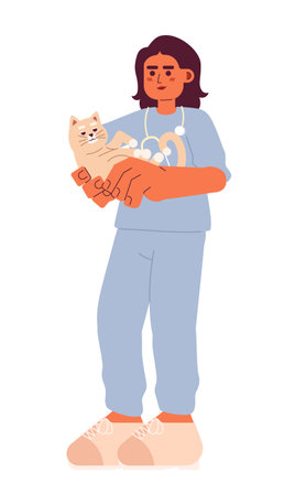 Female vet cat cartoon flat illustration. Stethoscope veterinarian woman middle eastern carrying pet 2D character isolated on white background. Veterinary doctor clinic scene vector color imageのイラスト素材