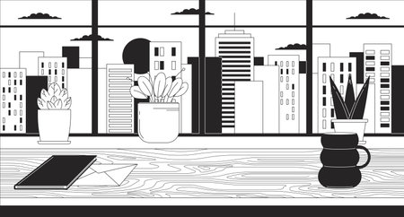 Office desk with window cityscape sunset black and white lofi wallpaper. Workstation, sundown urban 2D outline scene cartoon flat illustration. Windowsill plants vector line lo fi aesthetic backgroundのイラスト素材