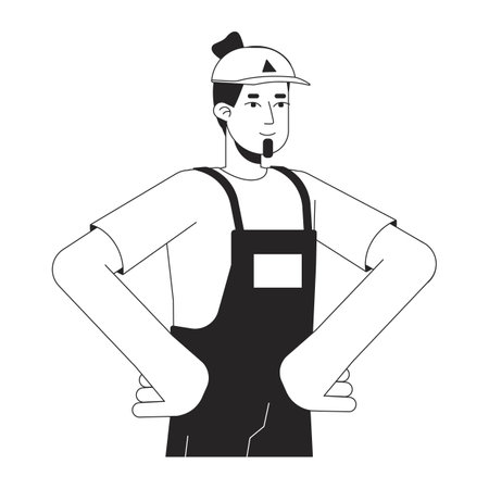 Caucasian male warehouse worker hands on hips black and white 2D line cartoon character. European man plumber isolated vector outline person. Courier worker beard monochromatic flat spot illustrationのイラスト素材