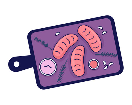 Serving board with snacks 2D linear cartoon object. Baked sliced food serving tray isolated line vector element white background. Baguette sliced bread on wood platter color flat spot illustrationのイラスト素材