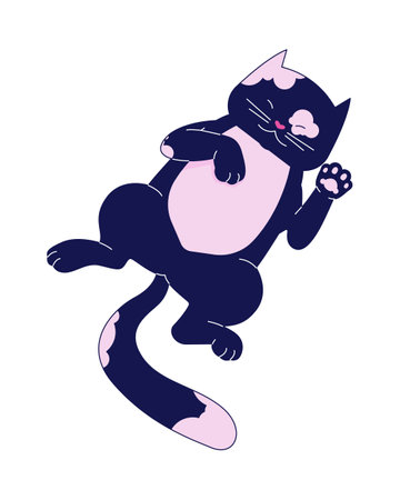 Spotted domestic cat laying down on back 2D linear cartoon character. Cute kitten isolated line vector animal white background. Relaxing animal. Kitty sleeping pet color flat spot illustrationのイラスト素材