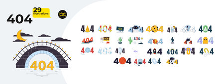 Unique creative 404 errors isolated linear illustrations bundle. Robotics, rocket space, cute cat no result cartoon images collection, white background. Summertime color line errors set ui designのイラスト素材