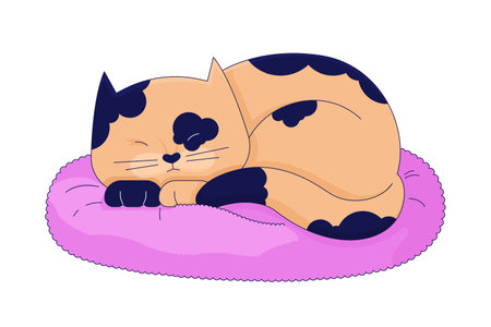 Lazy spotted cat sleeping on pillow 2D linear cartoon character. Cute kitten isolated line vector animal white background. Comfortable pet. Adorable kitty laying down color flat spot illustrationのイラスト素材