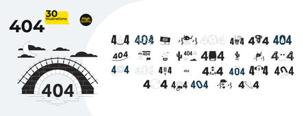 Unique creative black and white 404 errors isolated illustrations bundle. Robotics, rocket space, cute not found outline cartoon images isolated. Summertime linear empty states collection ui designのイラスト素材