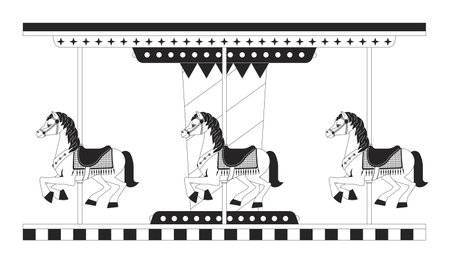 Kids carousel merry go round black and white 2D line cartoon object. Roundabout amusement park isolated vector outline item. Fairground horses ride for children monochromatic flat spot illustrationのイラスト素材
