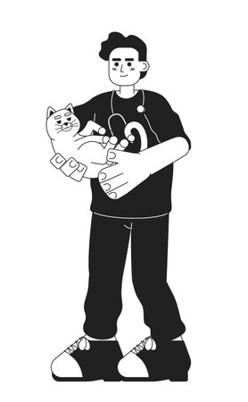 Male veterinarian with cat black and white cartoon flat illustration. Clinic vet man arab holding kitty linear 2D character isolated. Doctor animal. Veterinary medic monochromatic scene vector imageのイラスト素材