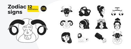 Astrology zodiac signs black and white cartoon flat illustration bundle. Archetypes multicultural people, animals linear 2D characters isolated. Horoscope symbols monochromatic vector image collectionのイラスト素材