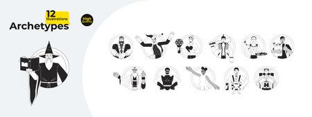 12 archetypes in society black and white cartoon flat illustration bundle. Archetypal 2D lineart characters isolated. Innate potentials diversity people monochrome vector outline image collectionのイラスト素材