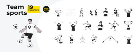 Diverse sportsmen athletes black and white cartoon flat illustration bundle. Basketball, football, volleyball players linear 2D characters isolated. Competitive monochromatic vector image collectionのイラスト素材
