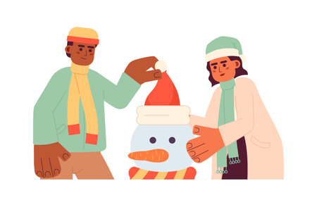 Winter clothes friends making snowman 2D cartoon characters. Interracial couple having fun together isolated vector people white background. Leisure activity wintertime color flat spot illustrationのイラスト素材