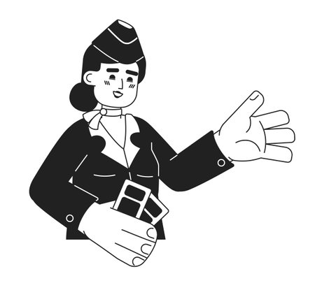 Airline flight attendant female Indian black and white 2D cartoon character. Holding boarding passes stewardess isolated vector outline person. South asian worker monochromatic flat spot illustrationのイラスト素材