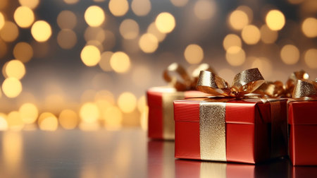 Twinkling gift boxes ai generated banner background copy space. Brand promotion gifts image backdrop empty. Sparkle shimmering. Bokeh lights xmas giftboxes concept composition front view, copyspaceの素材