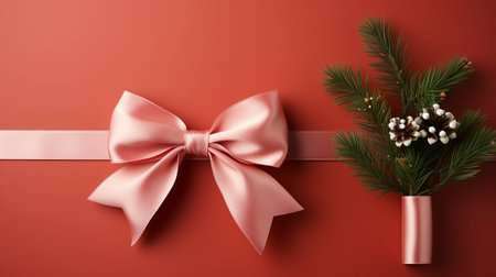 Pink bow pine cone branch ai generated background image. Soft ribbon wrapped pinecone branch desktop wallpaper picture. Festive photo backdrop. Heartfelt Xmas spirit concept composition top viewの素材