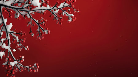 Snow covered winterberry branch ai generated banner background copy space. Wildlife winter berries on red image backdrop empty. Cold weather tree concept composition front view, copyspaceの素材