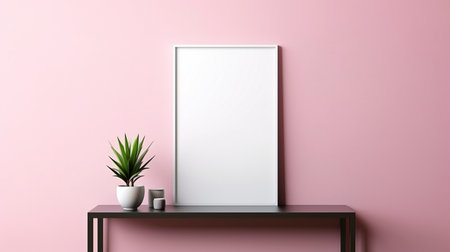Wooden table houseplant yucca ai generated frame mock up plant interior. Soft pink wall poster mockup with blank space. Contemporary concept composition front view, showcase promotion copyspaceの素材