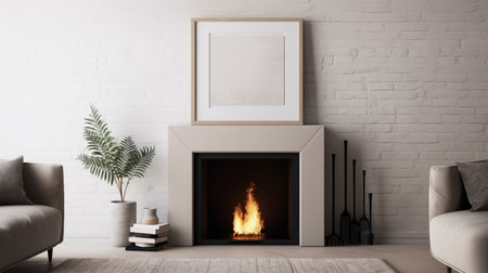 Empty photo frame under fireplace cozy ai generated frame mockup living room. Hygge blank poster wall, advertising mock up. Contemporary concept composition front view, showcase interior copy spaceの素材