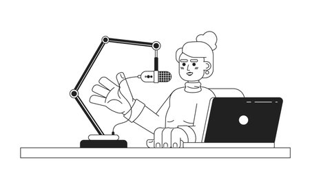 Caucasian woman talking microphone stand laptop black and white 2D cartoon character. Radio show host young adult female isolated vector outline person. Influencer monochromatic flat spot illustrationのイラスト素材