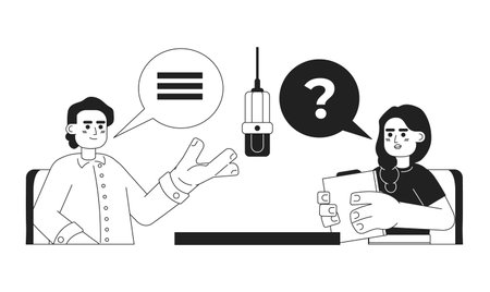 Female podcast host interviewing guest man black and white 2D cartoon characters. Questions asking podcasters indian isolated vector outline people. Radio show monochromatic flat spot illustrationのイラスト素材