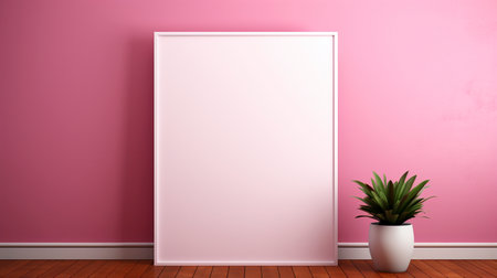 Large pictureframe leaning on pink wall ai generated frame mock up plant interior. Soft wall poster mockup with blank space. Contemporary concept composition front view, showcase promotion copyspaceの素材