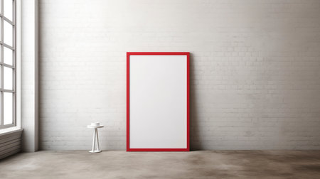Red framed border leaning against stonewall ai generated frame mockup living room. Minimalistic blank poster wall, advertising mock up. Concept composition front view, showcase interior copy spaceの素材