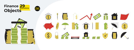 Finances money 2D linear cartoon objects bundle. Dollar coins, banknotes isolated line vector elements white background. Savings account. Expenses profits color flat spot illustration collectionのイラスト素材