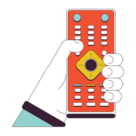 Push button remote control linear cartoon character hand illustration. Program change equipment outline 2D vector image, white background. Holding tv remote controller editable flat color clipartのイラスト素材