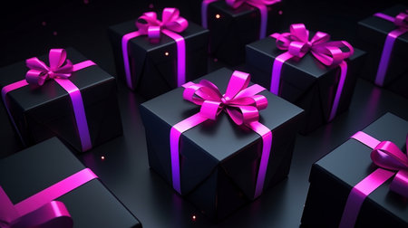 Black present boxes with fuchsia bows ai generated banner background copy space. Pre black friday deals image backdrop empty. Surprise packages wrapped concept composition side view, copyspaceの素材
