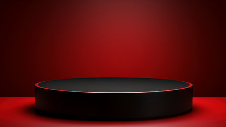 Round black podium in red showroom ai generated banner background copy space. Minimalistic modern stage in dark red room image backdrop empty. Display concept composition front view, copyspaceの素材