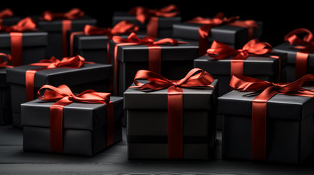 Black Friday gift boxes stack with satin orange ribbons ai generated banner background copy space. Boost retail business image backdrop empty. Exclusive offer concept composition front view, copyspaceの素材