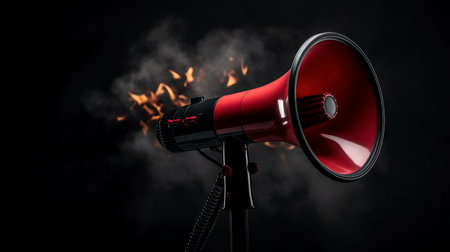 Smoky fire flame behind megaphone ai generated banner background copy space. Burning loudspeaker image backdrop empty. Special announcement hot deals concept composition front view, copyspaceの素材