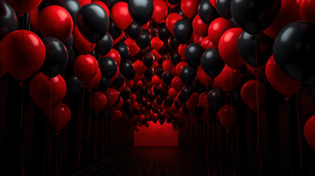 Dark hallway filled with red black balloons ai generated banner background copy space. Black Friday night image backdrop empty. Thanksgiving night sales concept composition front view, copyspaceの素材