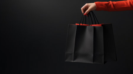 Female hand holding boutique bag ai generated banner background copy space. Black Friday consumer woman arm shopping image backdrop empty. Consumerism xmas concept composition front view, copyspaceの素材