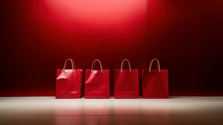 Sales Friday merchandise bags ai generated banner background copy space. Boutique store. Red shopping bags row image backdrop empty. Black Friday weekend concept composition front view, copyspaceの素材
