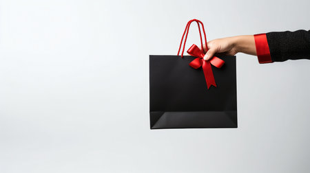 Cyber Monday shopping bag retailer hand ai generated banner background copy space. November offer image backdrop empty. Salesperson gift Black Friday concept composition front view, copyspaceの素材