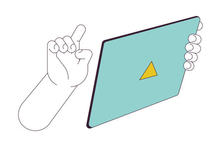 Using electronic tablet linear cartoon character hands illustration. Browsing internet on gadget outline 2D vector image, white background. Online shopping, scrolling editable flat color clipartのイラスト素材