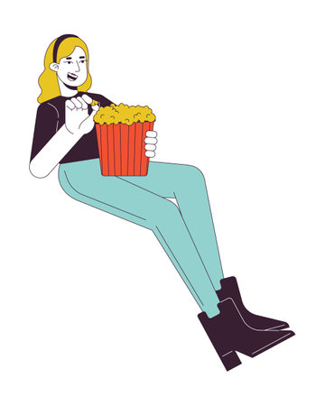 Blonde caucasian woman eating popcorn 2D linear cartoon character. Watching movie in cinema girl isolated line vector person white background. Entertainment show color flat spot illustrationのイラスト素材