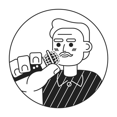 Gray hair caucasian senior man holding mic black and white 2D vector avatar illustration. Older guy singing outline cartoon character face isolated. Concert performer, speaker flat user profile imageのイラスト素材