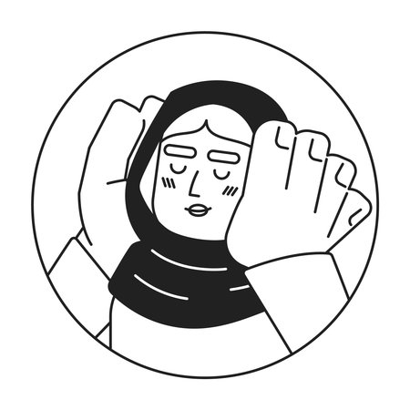 Muslim hijab lady hands on cheeks smiling black and white 2D vector avatar illustration. Arab adult female cupping face happily outline cartoon character face isolated. In love flat user profile imageのイラスト素材