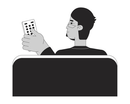 Arab eyeglasses man switching channel tv black and white 2D line cartoon character. Middle eastern guy holding tv remote control isolated vector outline person. Monochromatic flat spot illustrationのイラスト素材