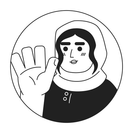 Adult hijab lady saying hi hello black and white 2D vector avatar illustration. Goodbye happy young female arabic outline cartoon character face isolated. Non verbal acknowledge flat portraitのイラスト素材