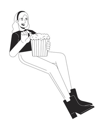Blonde caucasian woman eating popcorn black and white 2D line cartoon character. Watching movie in cinema girl isolated vector outline person. Entertainment show monochromatic flat spot illustrationのイラスト素材