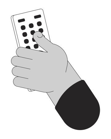 Holding tv remote control cartoon human hand outline illustration. Program switch on television 2D isolated black and white vector image. Changing channels device flat monochromatic drawing clip artのイラスト素材