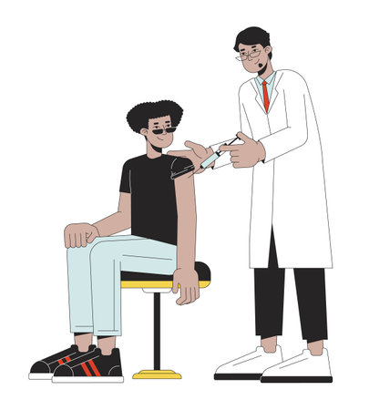 Vaccination student line cartoon flat illustration. Arab doctor vaccine injecting latino man 2D lineart characters isolated on white background. Infection control hospital scene vector color imageのイラスト素材