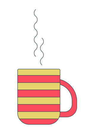 Steamed coffee cup 2D linear cartoon object. Beverage hot. Mug striped. Drink tea cup isolated line vector element white background. Coffeeshop. Latte cappuccino color flat spot illustrationのイラスト素材